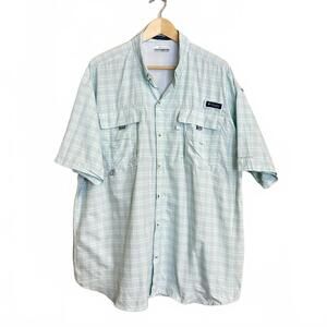 Columbia PFG Shirt Mens XL Blue White Plaid Super Bahama Short Sleeve Fishing